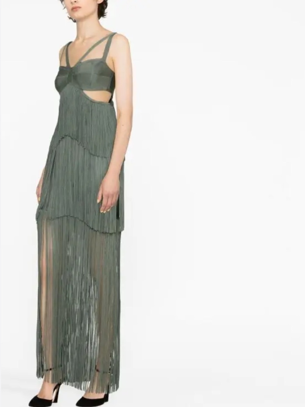 Herve Leger Strappy Tiered Fringe Maxi Dress Cutout Gown in Willow Green Medium - Picture 2 of 12